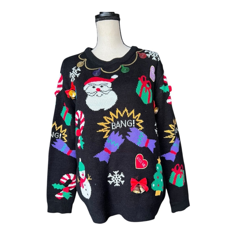 Atmosphere Black Holiday Ugly Christmas Sweater with Festive Designs Size M